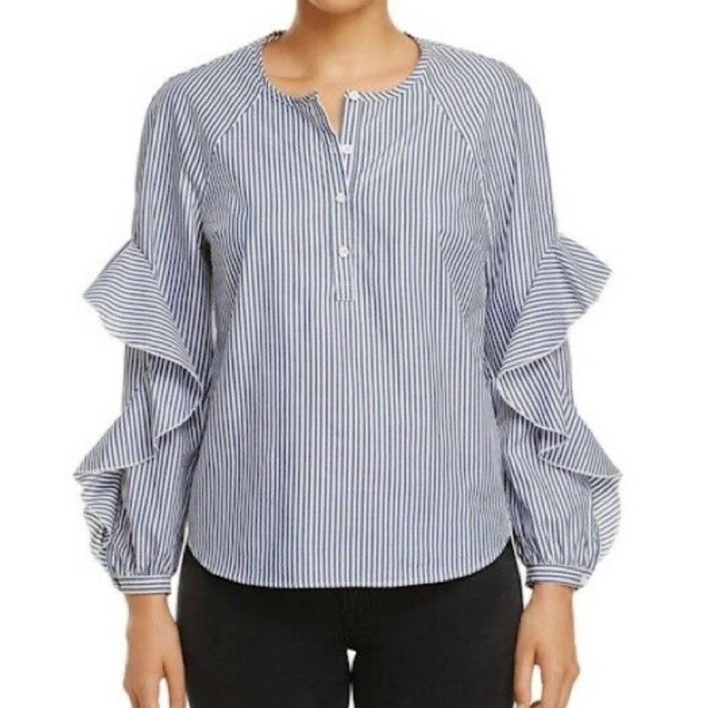 Splendid Blue Striped Lightweight Ruffle Sleeve Long Sleeve Blouse